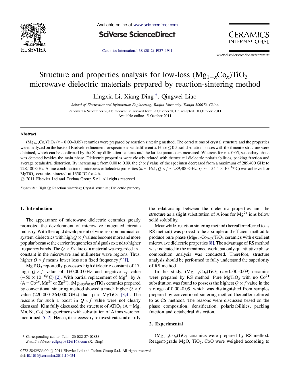 عکس صفحه اول مقاله: Structure and properties analysis for low-loss (Mg1−xCox)TiO3 microwave dielectric materials prepared by reaction-sintering method Structure and properties analysis for low-loss (Mg1−xCox)TiO3 microwave dielectric materials prepared by reaction-sintering method