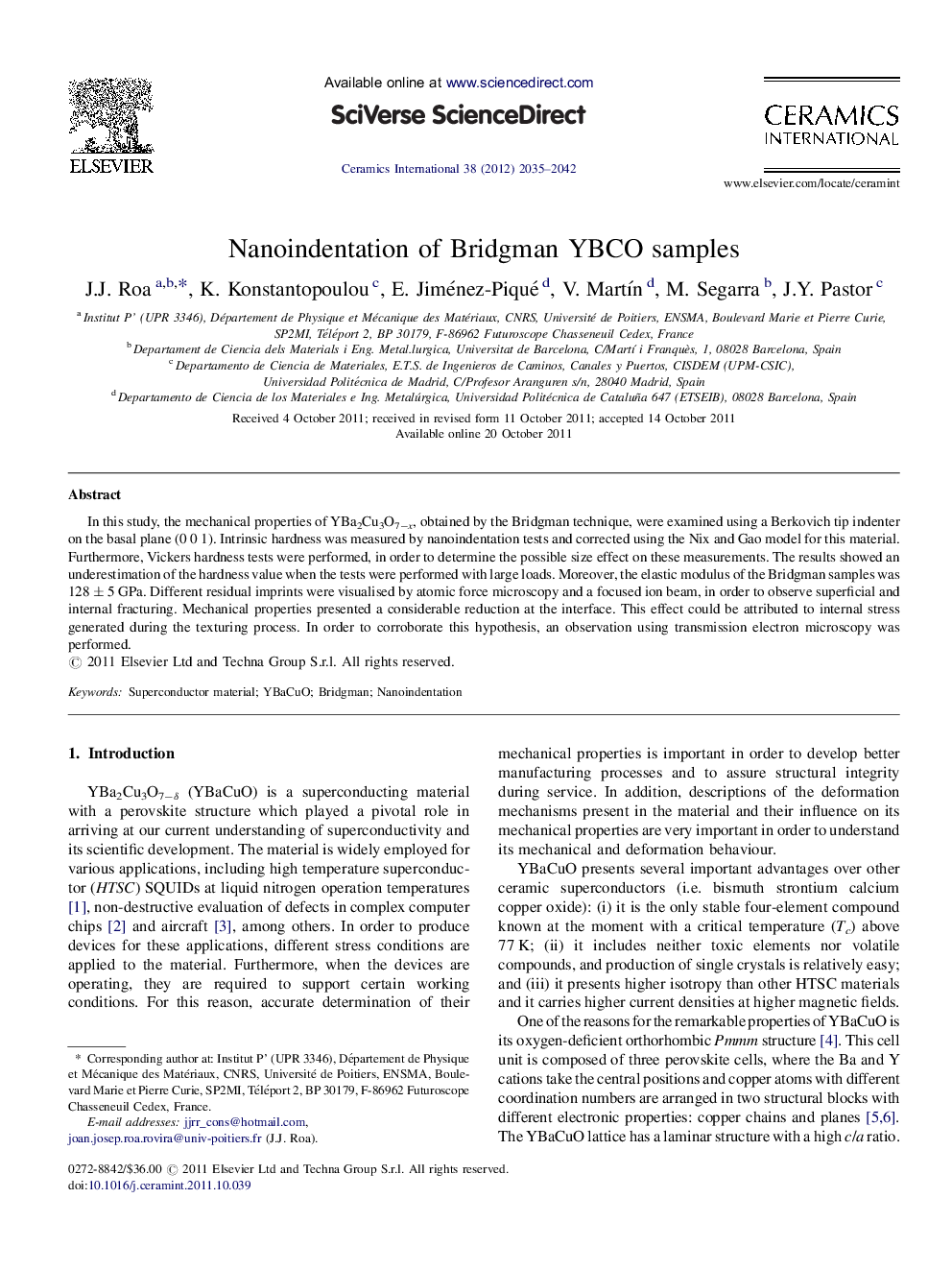 Nanoindentation of Bridgman YBCO samples
