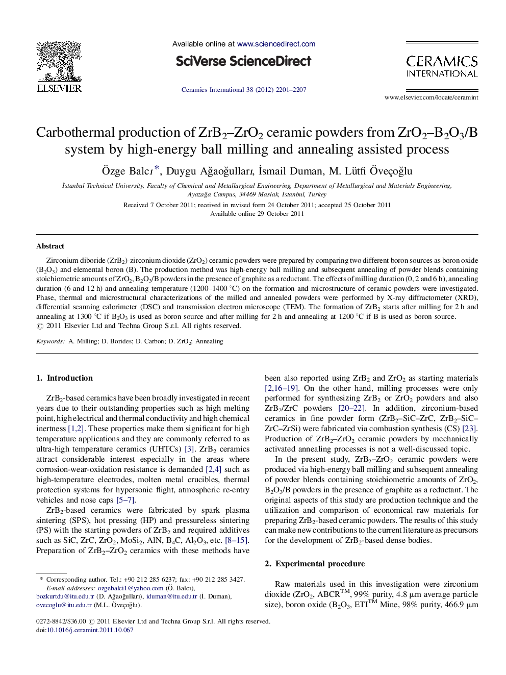 Carbothermal production of ZrB2–ZrO2 ceramic powders from ZrO2–B2O3/B system by high-energy ball milling and annealing assisted process