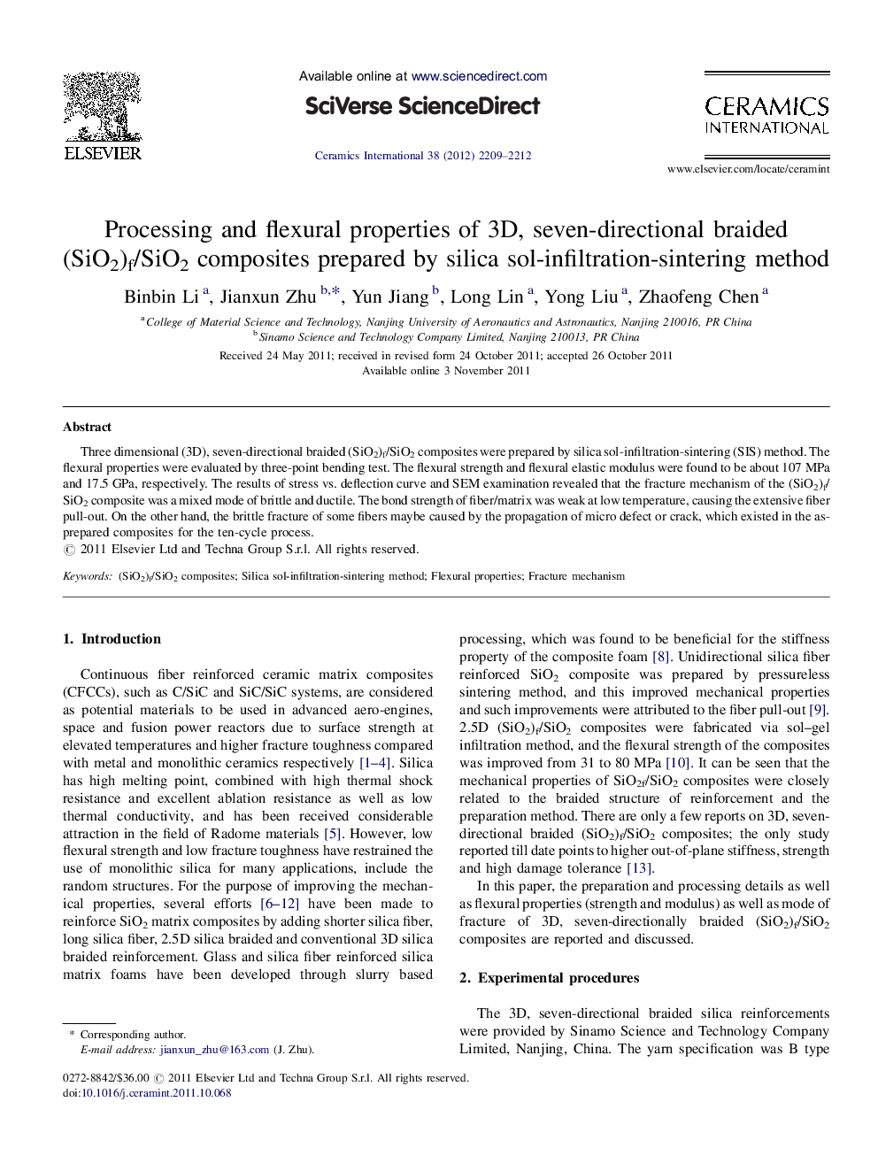 Processing and flexural properties of 3D, seven-directional braided (SiO2)f/SiO2 composites prepared by silica sol-infiltration-sintering method