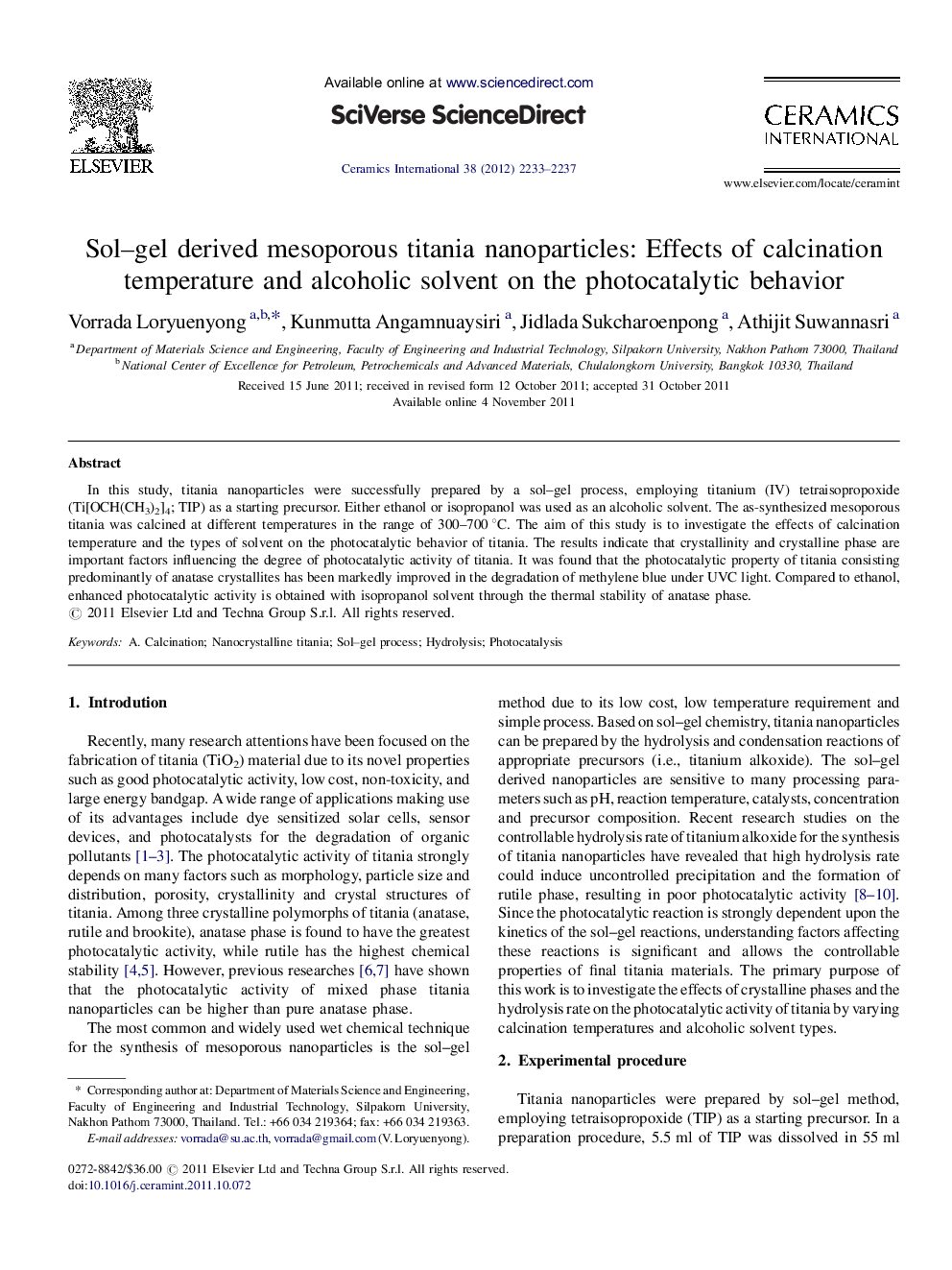 عکس صفحه اول مقاله: Sol–gel derived mesoporous titania nanoparticles: Effects of calcination temperature and alcoholic solvent on the photocatalytic behavior Sol–gel derived mesoporous titania nanoparticles: Effects of calcination temperature and alcoholic solvent on the photocatalytic behavior