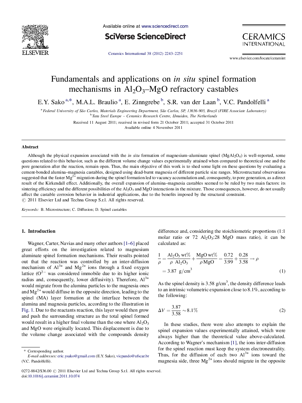 عکس صفحه اول مقاله: Fundamentals and applications on in situ spinel formation mechanisms in Al2O3–MgO refractory castables Fundamentals and applications on in situ spinel formation mechanisms in Al2O3–MgO refractory castables