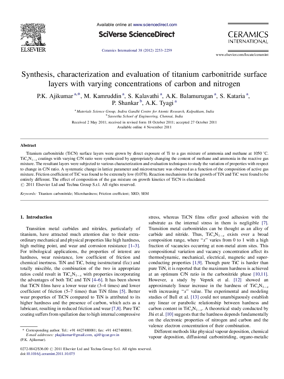 Synthesis, characterization and evaluation of titanium carbonitride surface layers with varying concentrations of carbon and nitrogen