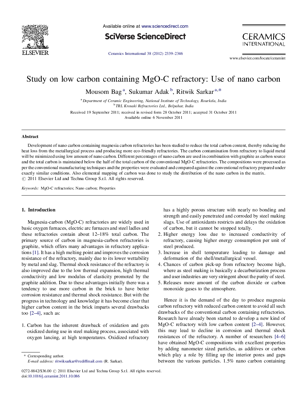عکس صفحه اول مقاله: Study on low carbon containing MgO-C refractory: Use of nano carbon Study on low carbon containing MgO-C refractory: Use of nano carbon