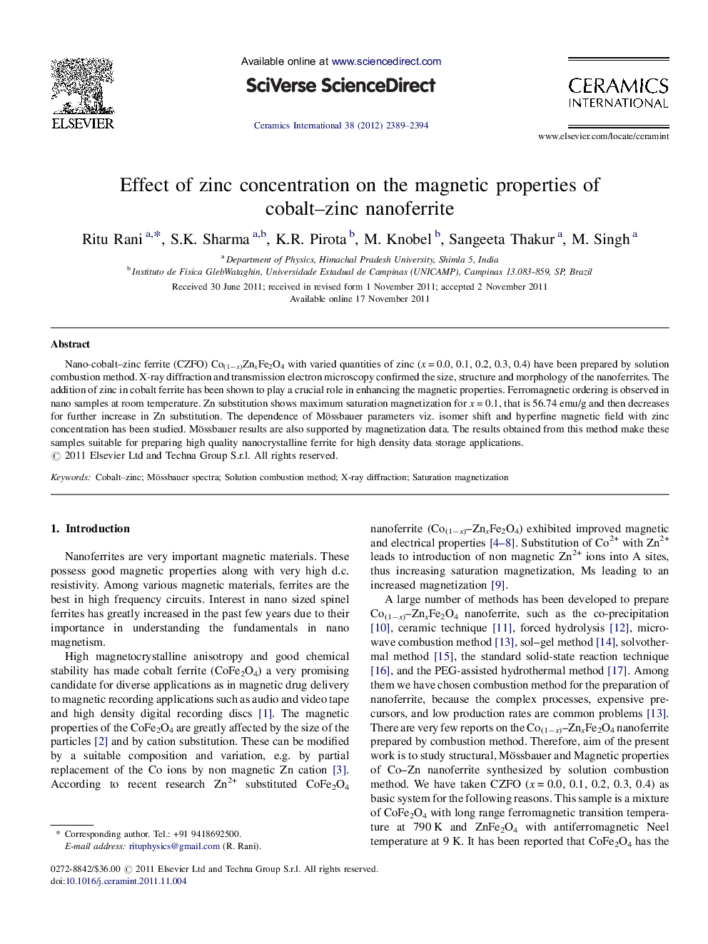 Effect of zinc concentration on the magnetic properties of cobalt–zinc nanoferrite
