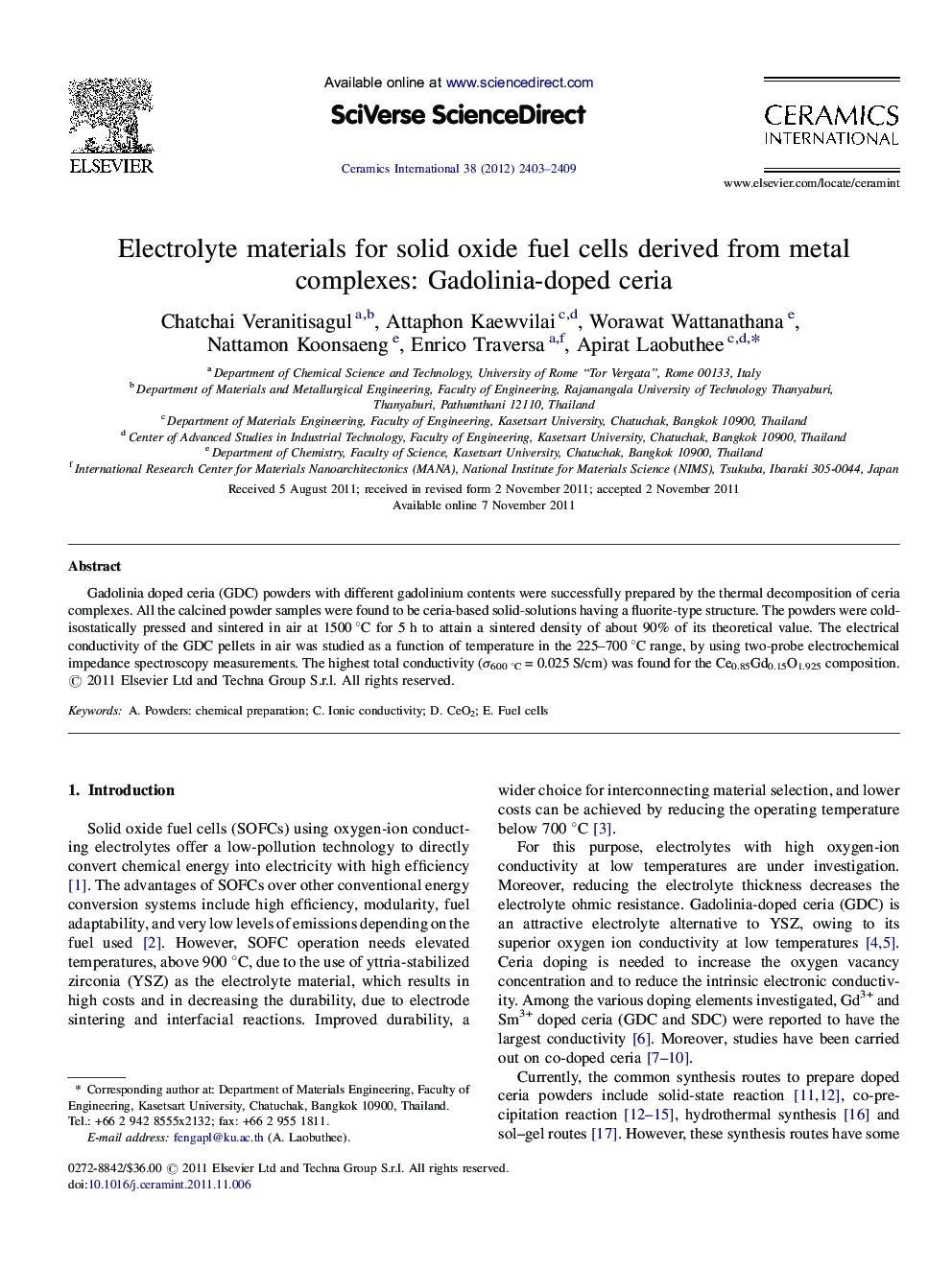 Electrolyte materials for solid oxide fuel cells derived from metal complexes: Gadolinia-doped ceria