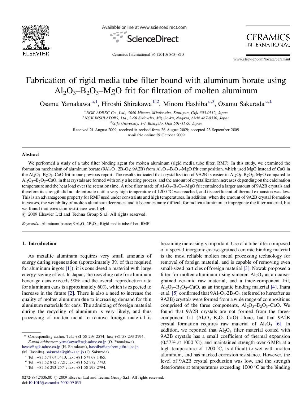 Fabrication of rigid media tube filter bound with aluminum borate using Al2O3–B2O3–MgO frit for filtration of molten aluminum