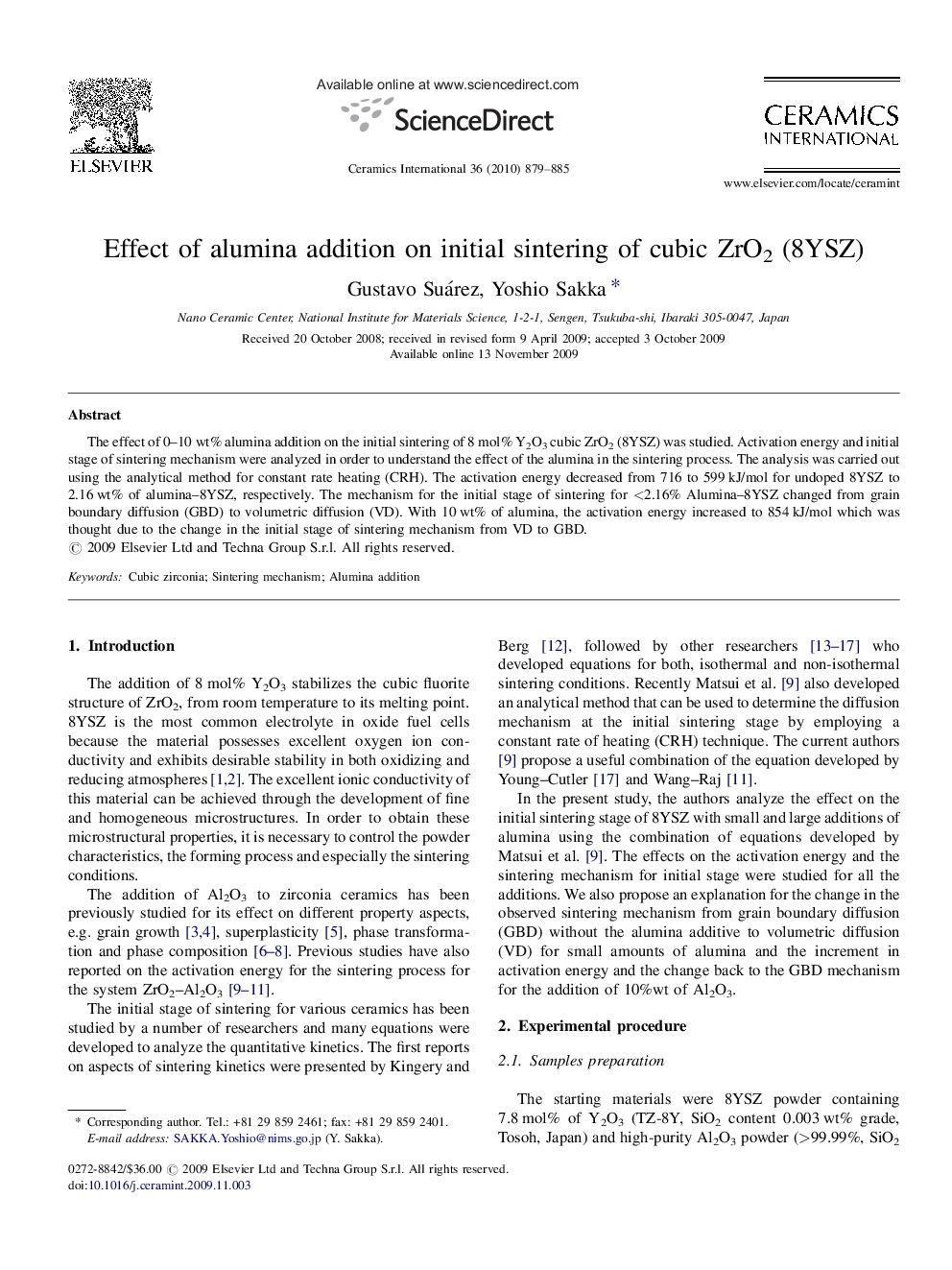 Effect of alumina addition on initial sintering of cubic ZrO2 (8YSZ)