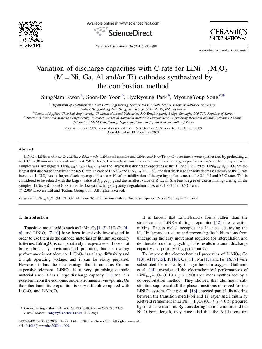 Variation of discharge capacities with C-rate for LiNi1−yMyO2 (M = Ni, Ga, Al and/or Ti) cathodes synthesized by the combustion method