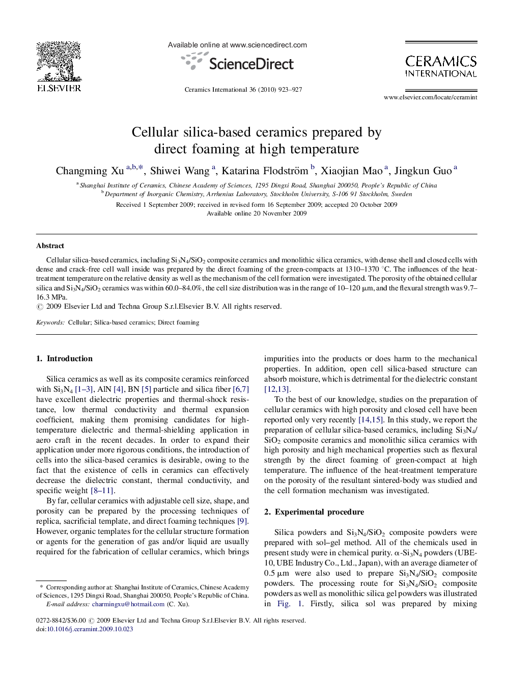 Cellular silica-based ceramics prepared by direct foaming at high temperature