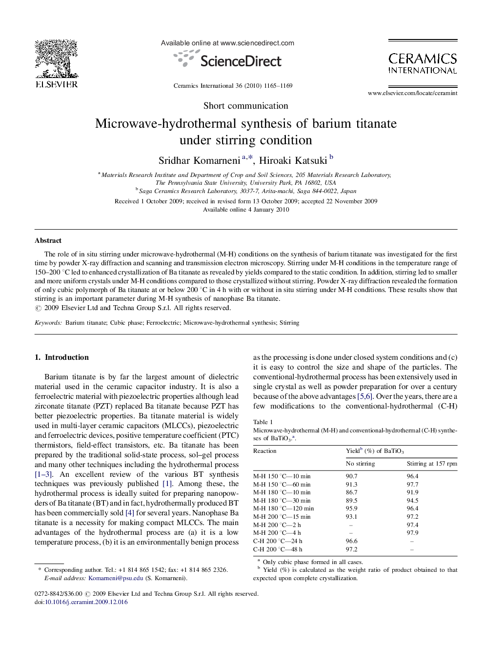 Microwave-hydrothermal synthesis of barium titanate under stirring condition