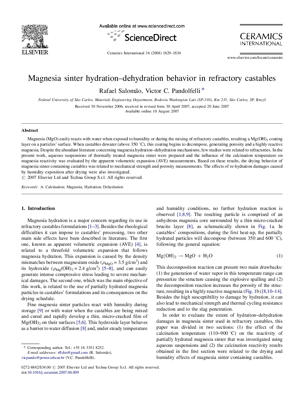 Magnesia sinter hydration–dehydration behavior in refractory castables