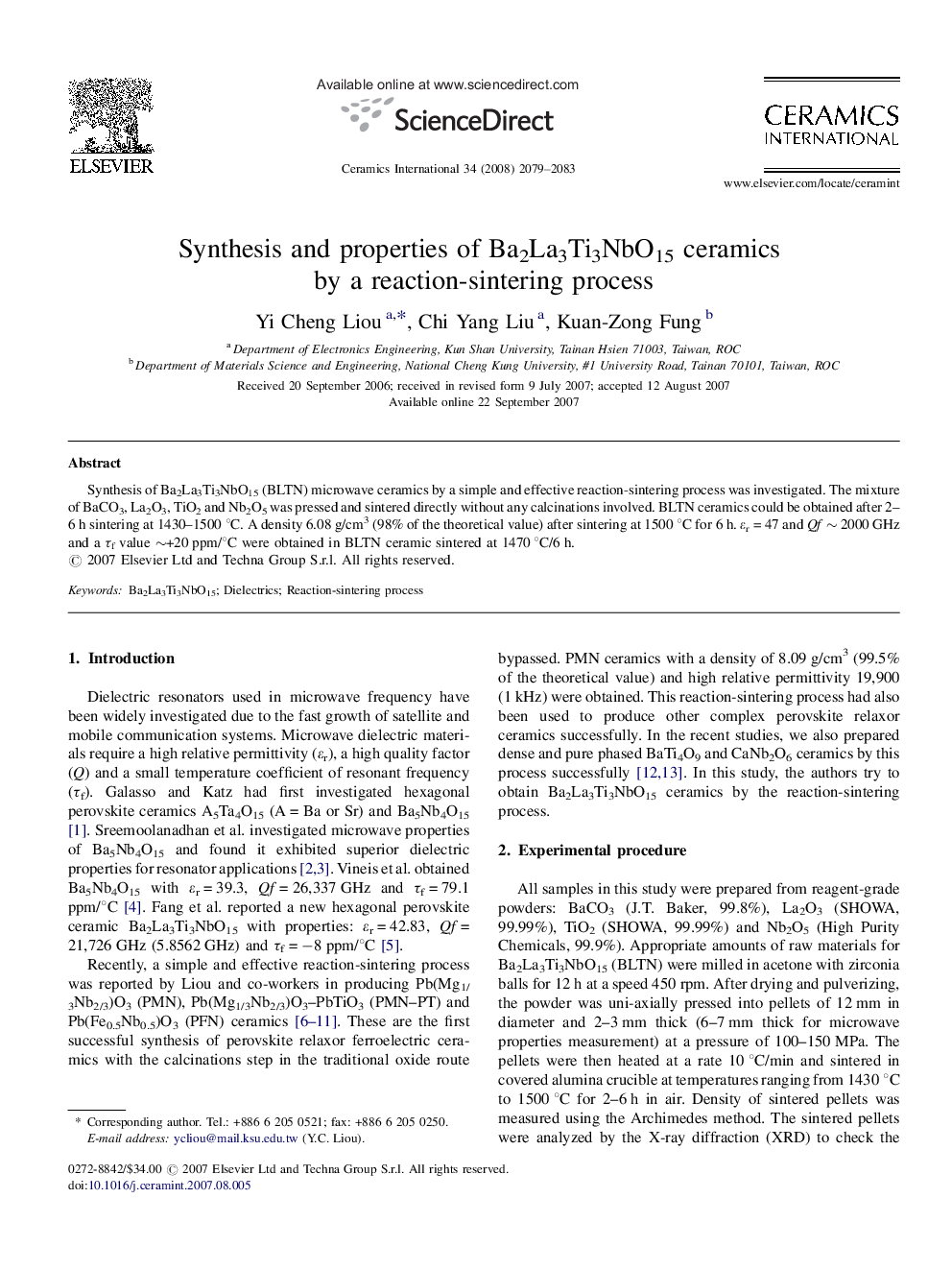 Synthesis and properties of Ba2La3Ti3NbO15 ceramics by a reaction-sintering process