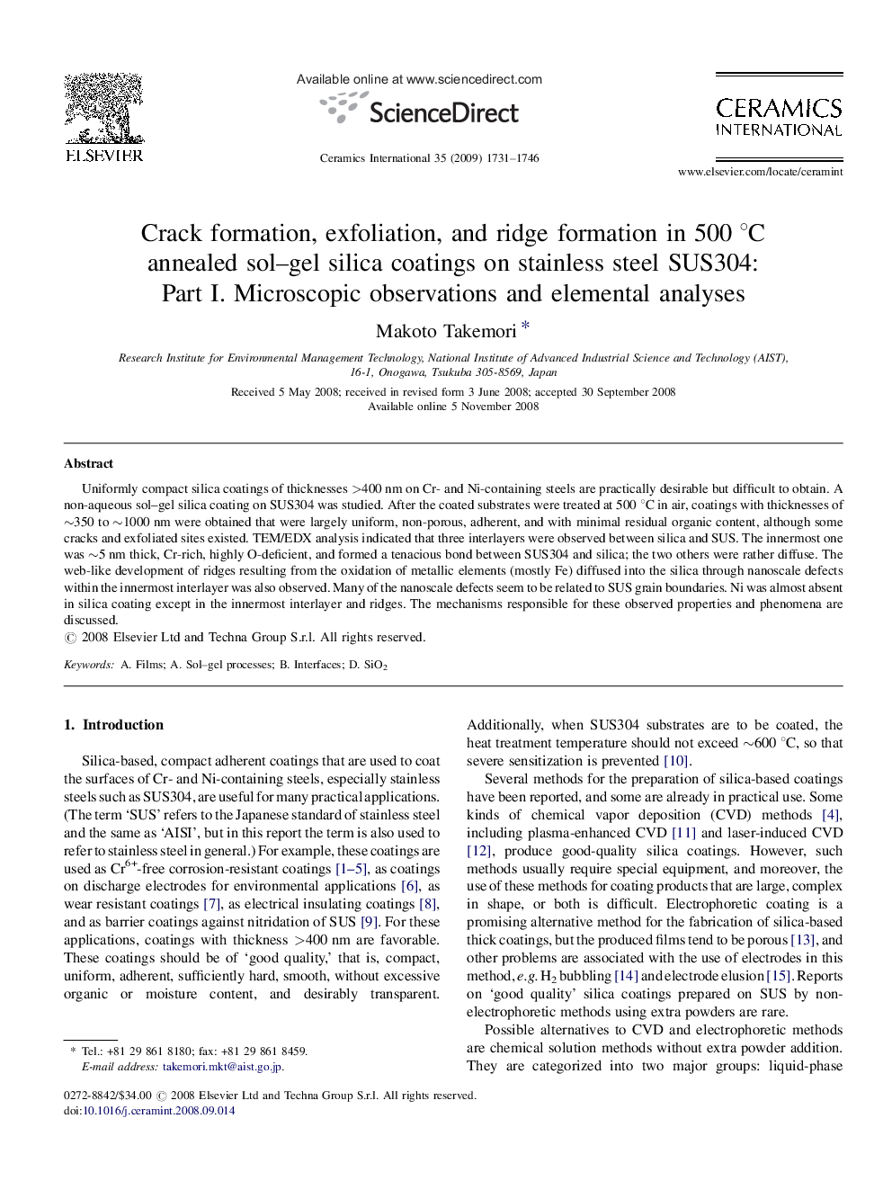 Crack formation, exfoliation, and ridge formation in 500 °C annealed sol–gel silica coatings on stainless steel SUS304: Part I. Microscopic observations and elemental analyses