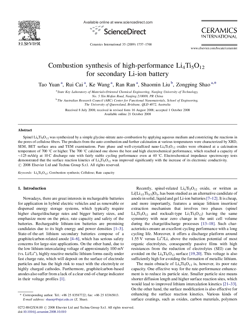 Combustion synthesis of high-performance Li4Ti5O12 for secondary Li-ion battery