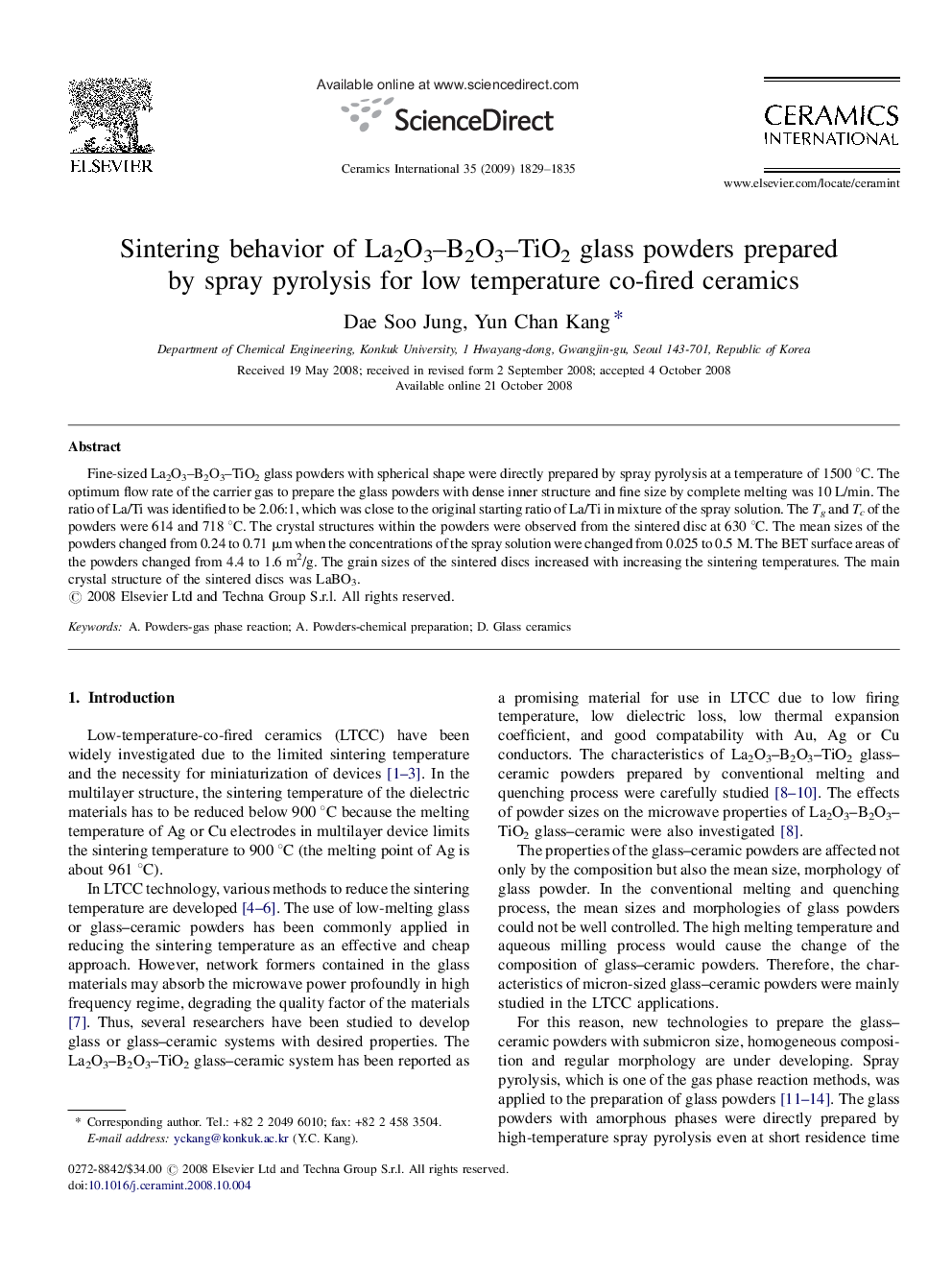 Sintering behavior of La2O3–B2O3–TiO2 glass powders prepared by spray pyrolysis for low temperature co-fired ceramics