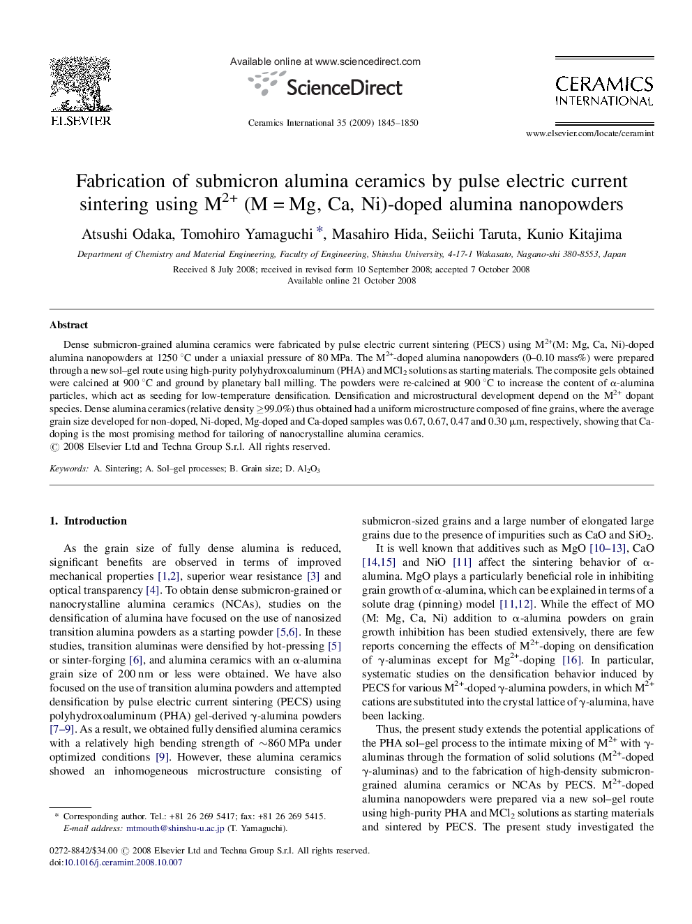 Fabrication of submicron alumina ceramics by pulse electric current sintering using M2+ (MÂ =Â Mg, Ca, Ni)-doped alumina nanopowders