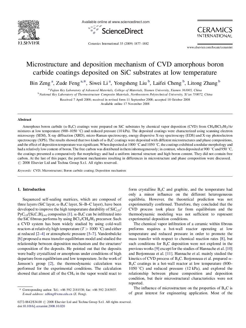 Microstructure and deposition mechanism of CVD amorphous boron carbide coatings deposited on SiC substrates at low temperature