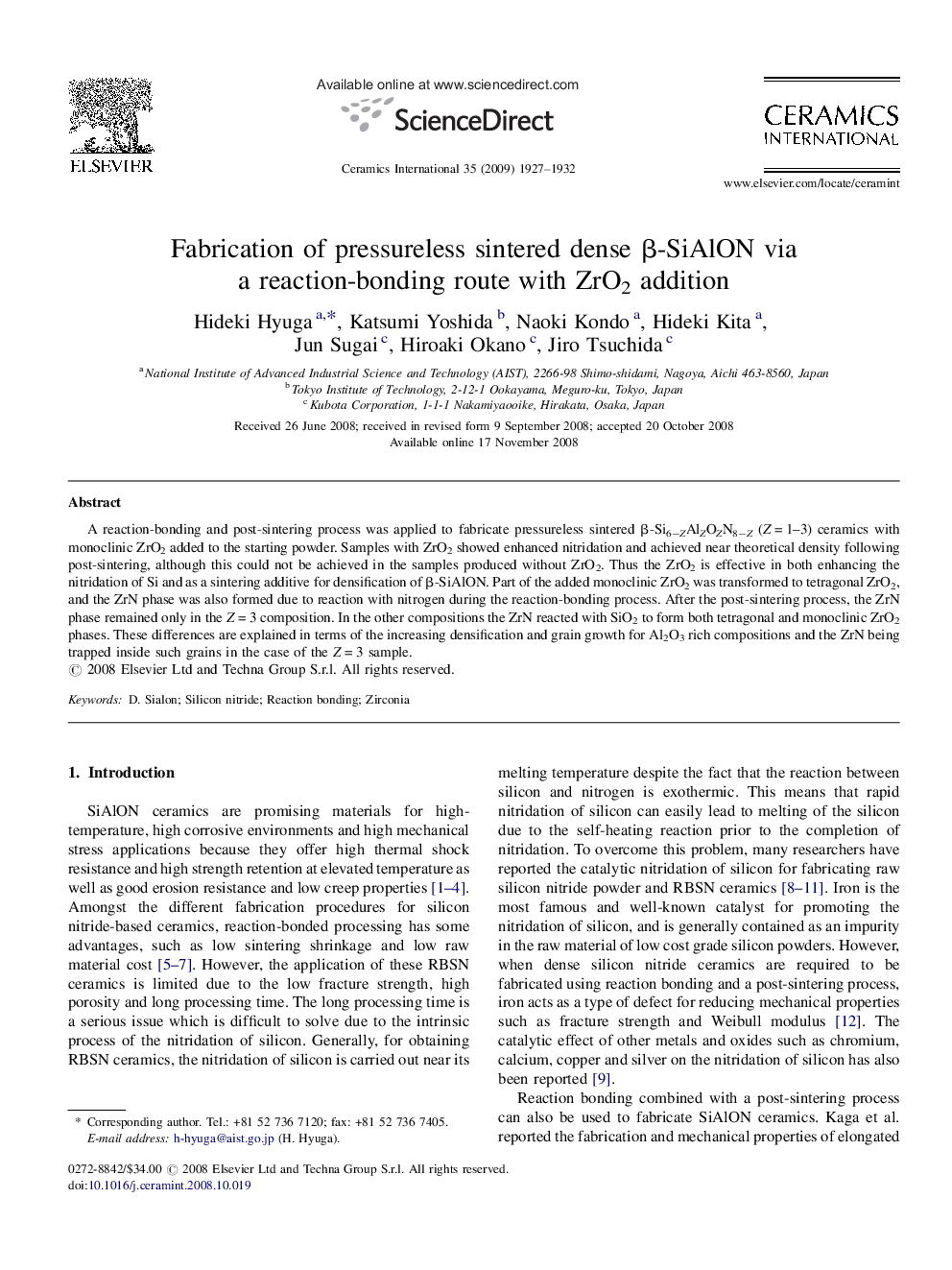 Fabrication of pressureless sintered dense β-SiAlON via a reaction-bonding route with ZrO2 addition