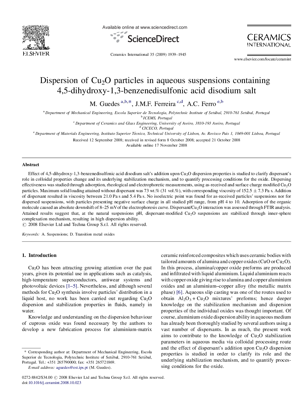 Dispersion of Cu2O particles in aqueous suspensions containing 4,5-dihydroxy-1,3-benzenedisulfonic acid disodium salt