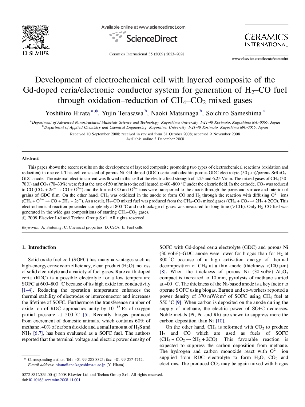 Development of electrochemical cell with layered composite of the Gd-doped ceria/electronic conductor system for generation of H2–CO fuel through oxidation–reduction of CH4–CO2 mixed gases