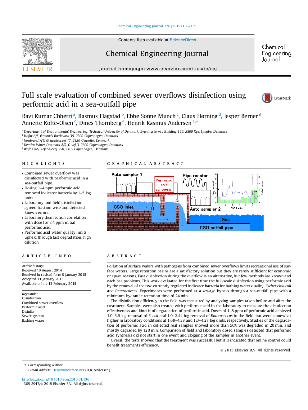 Full scale evaluation of combined sewer overflows disinfection using performic acid in a sea-outfall pipe