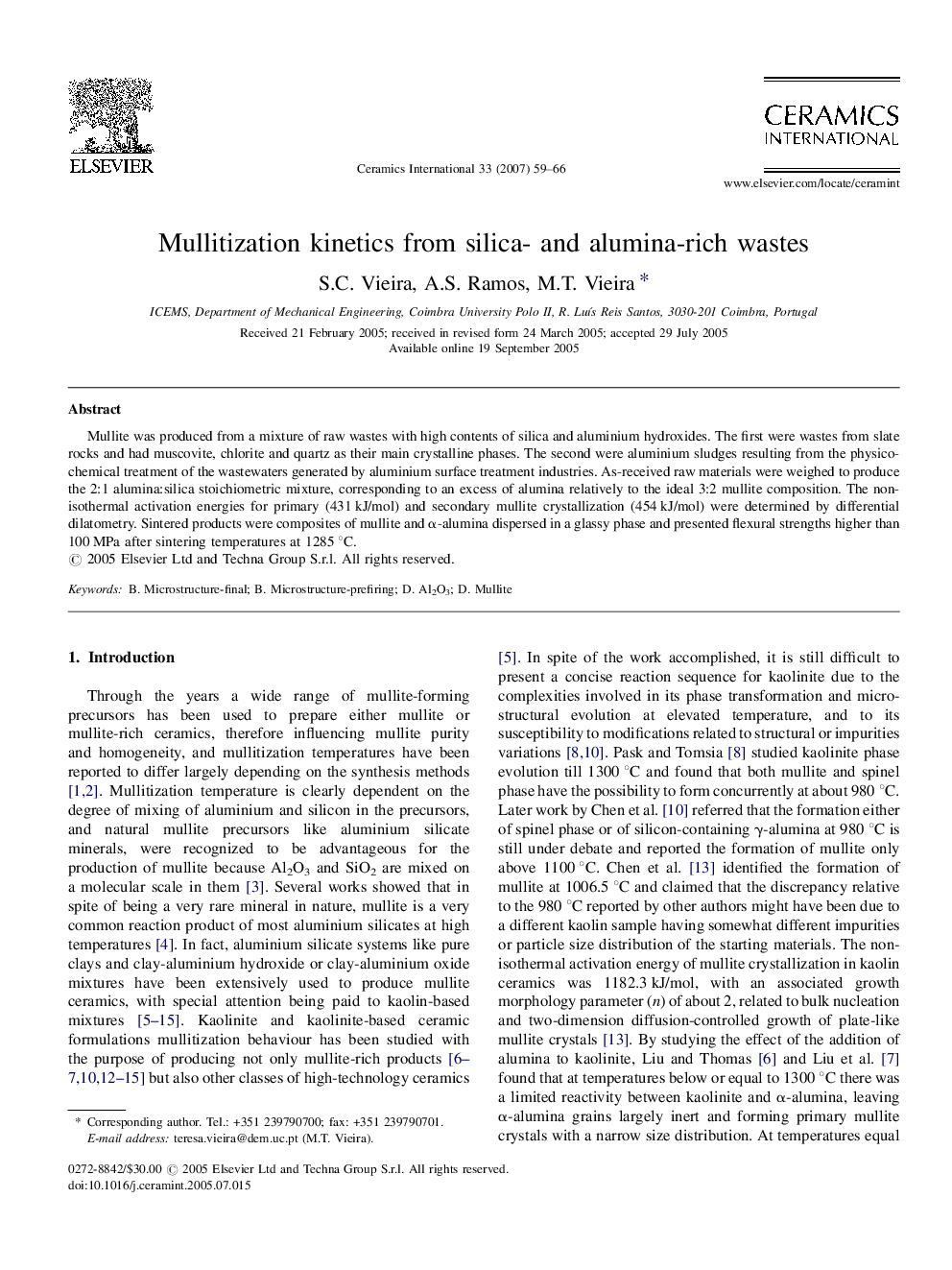 Mullitization kinetics from silica- and alumina-rich wastes