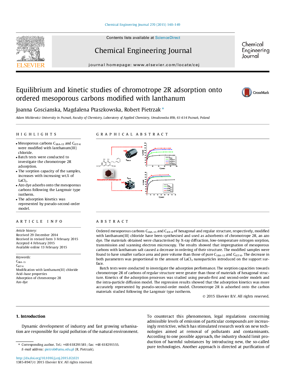 عکس صفحه اول مقاله: Equilibrium and kinetic studies of chromotrope 2R adsorption onto ordered mesoporous carbons modified with lanthanum Equilibrium and kinetic studies of chromotrope 2R adsorption onto ordered mesoporous carbons modified with lanthanum