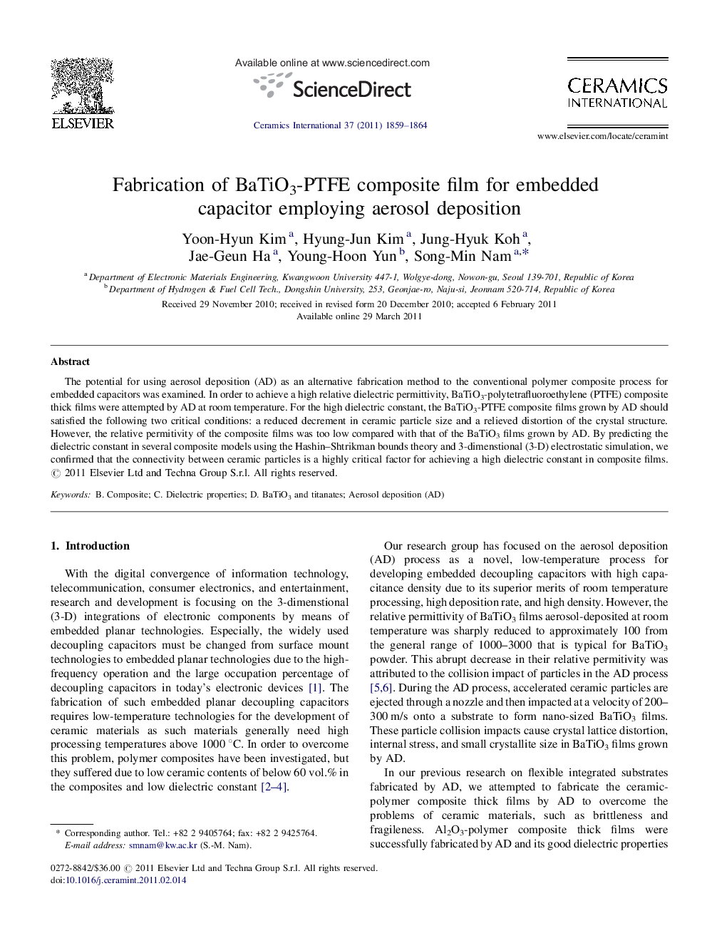 Fabrication of BaTiO3-PTFE composite film for embedded capacitor employing aerosol deposition