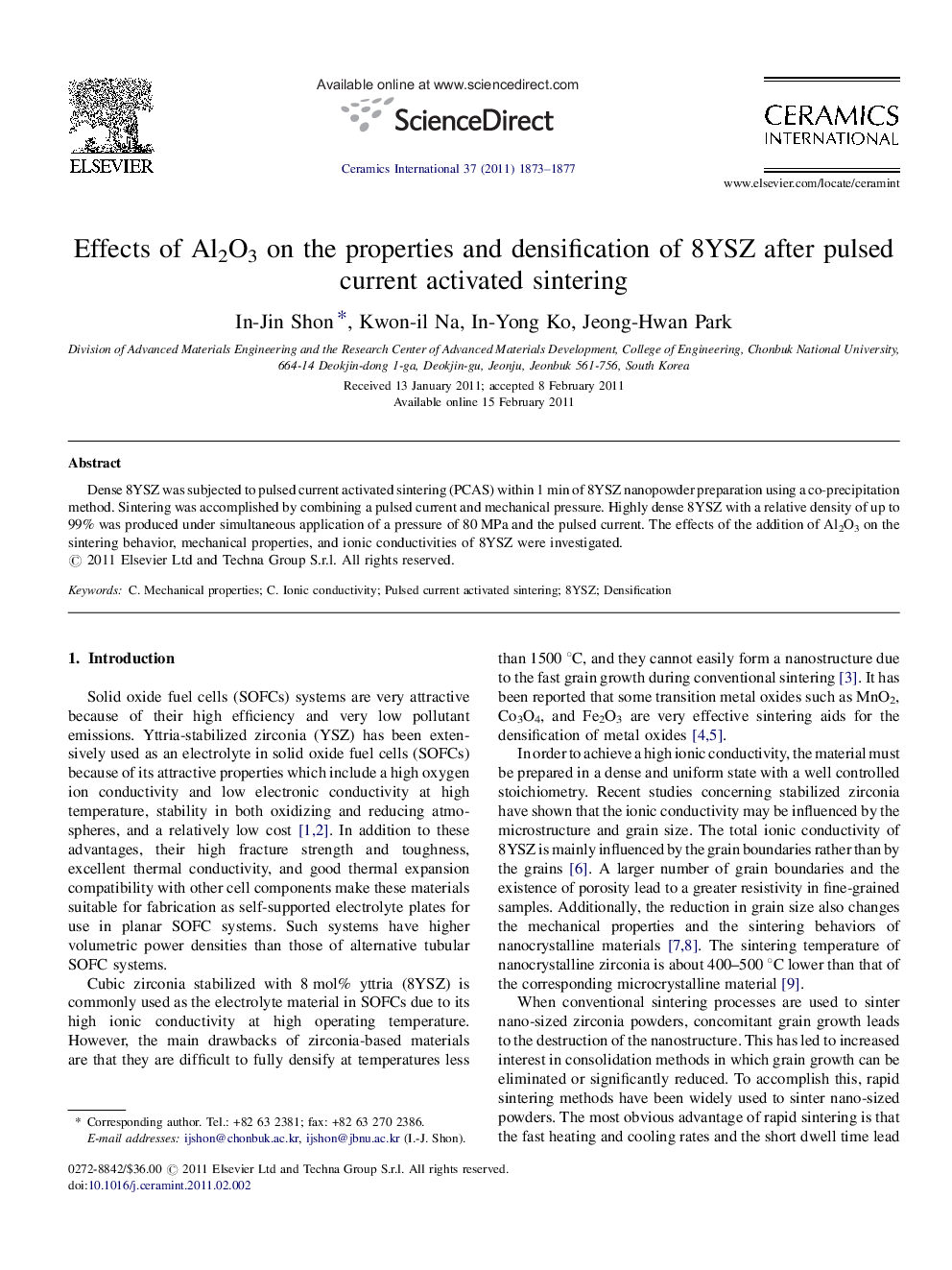 Effects of Al2O3 on the properties and densification of 8YSZ after pulsed current activated sintering