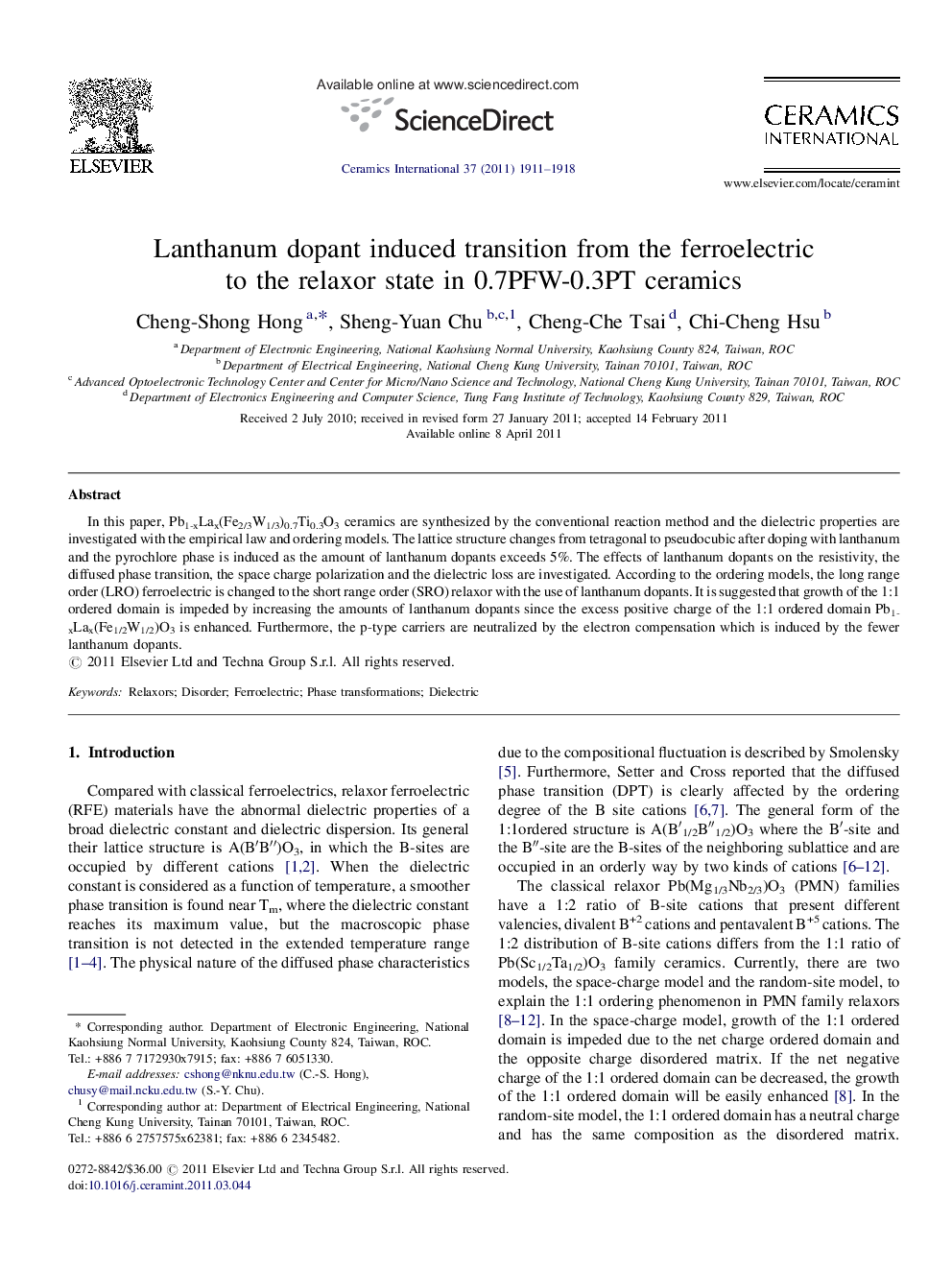 Lanthanum dopant induced transition from the ferroelectric to the relaxor state in 0.7PFW-0.3PT ceramics