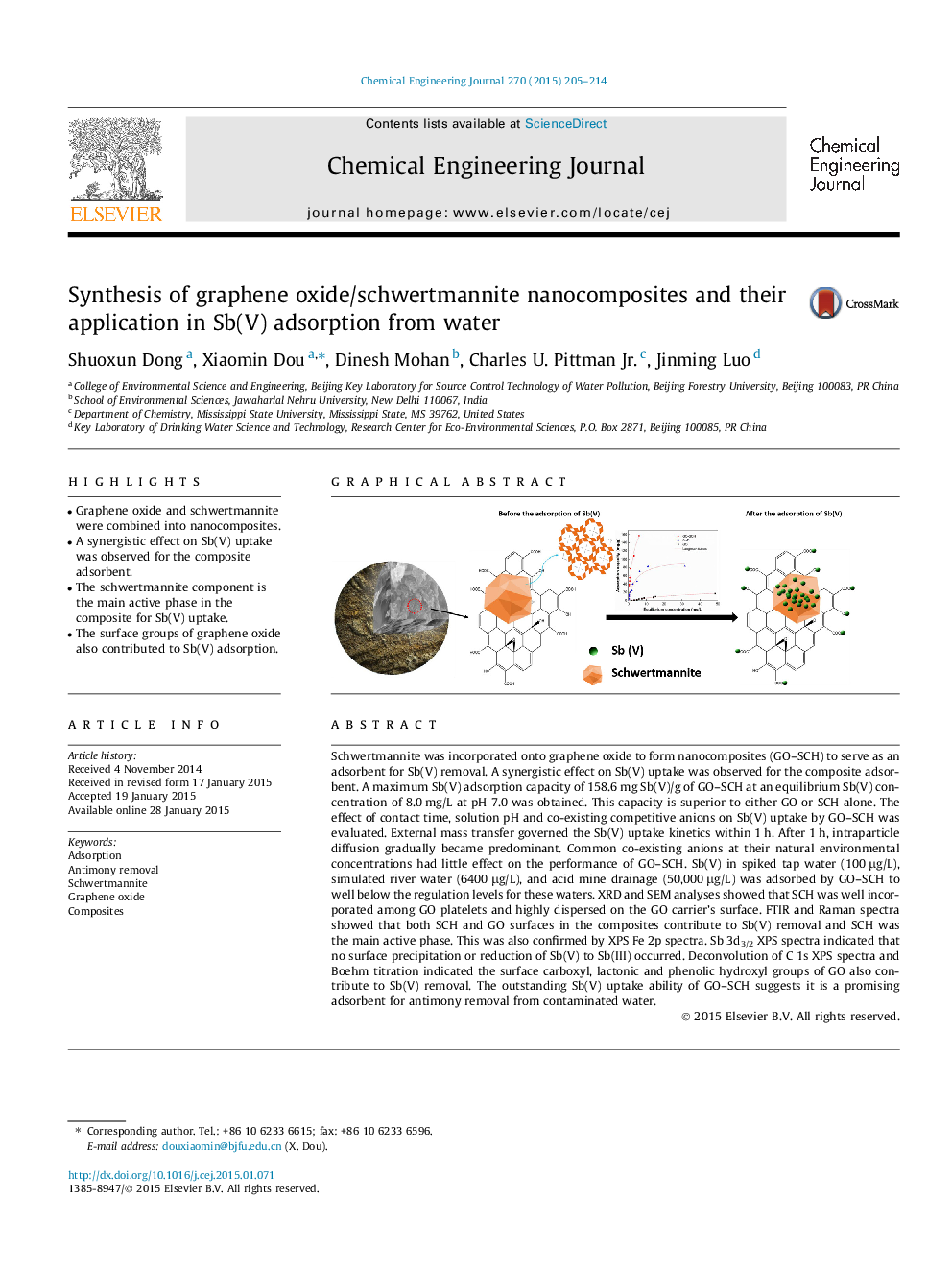 عکس صفحه اول مقاله: Synthesis of graphene oxide/schwertmannite nanocomposites and their application in Sb(V) adsorption from water Synthesis of graphene oxide/schwertmannite nanocomposites and their application in Sb(V) adsorption from water