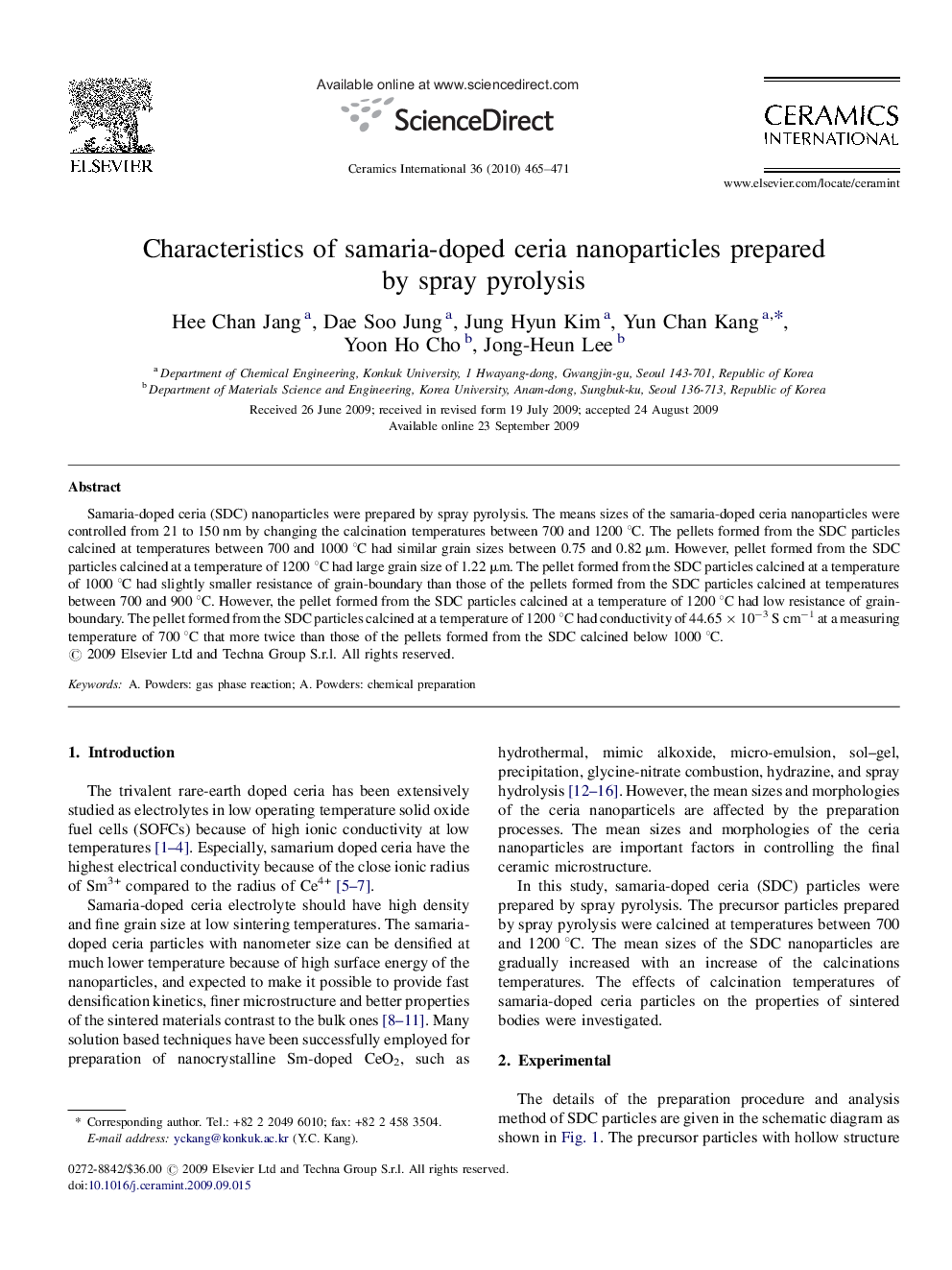 Characteristics of samaria-doped ceria nanoparticles prepared by spray pyrolysis