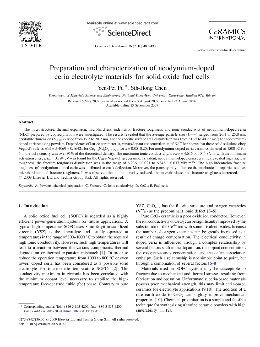 Preparation and characterization of neodymium-doped ceria electrolyte materials for solid oxide fuel cells