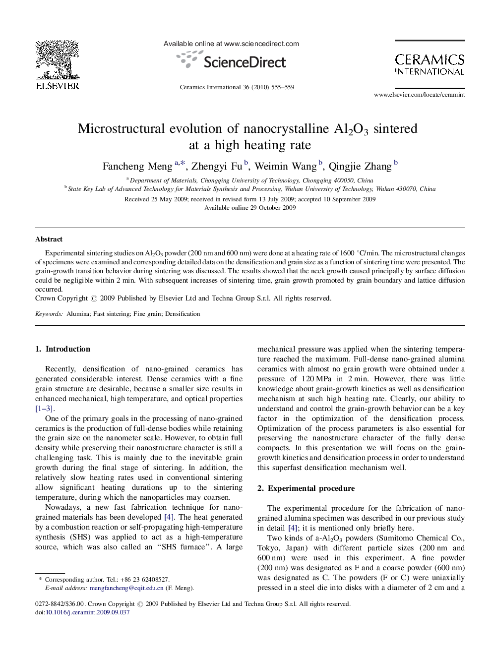 Microstructural evolution of nanocrystalline Al2O3 sintered at a high heating rate