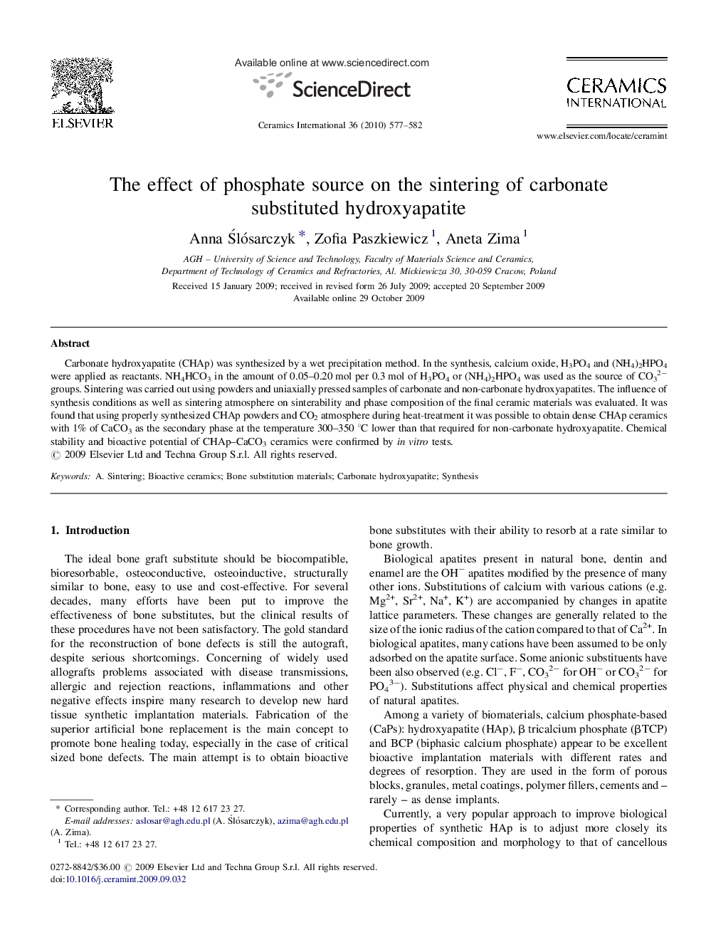 The effect of phosphate source on the sintering of carbonate substituted hydroxyapatite