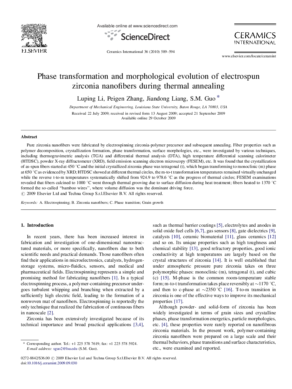 Phase transformation and morphological evolution of electrospun zirconia nanofibers during thermal annealing