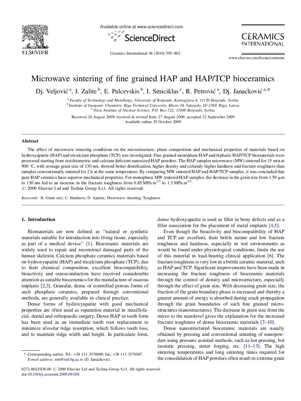 Microwave sintering of fine grained HAP and HAP/TCP bioceramics