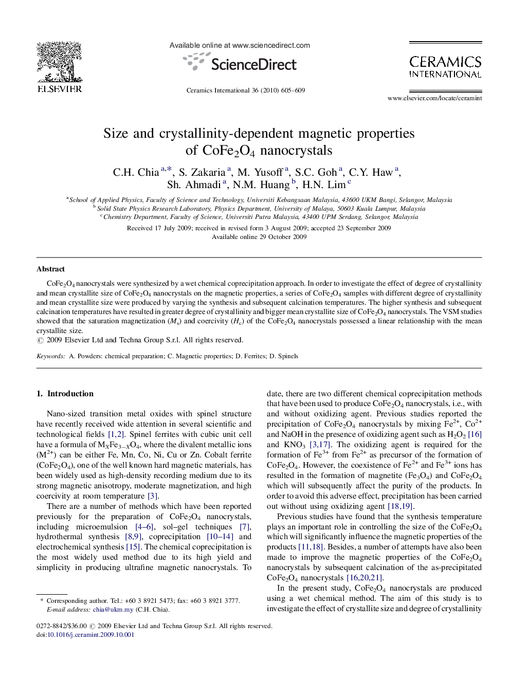 Size and crystallinity-dependent magnetic properties of CoFe2O4 nanocrystals