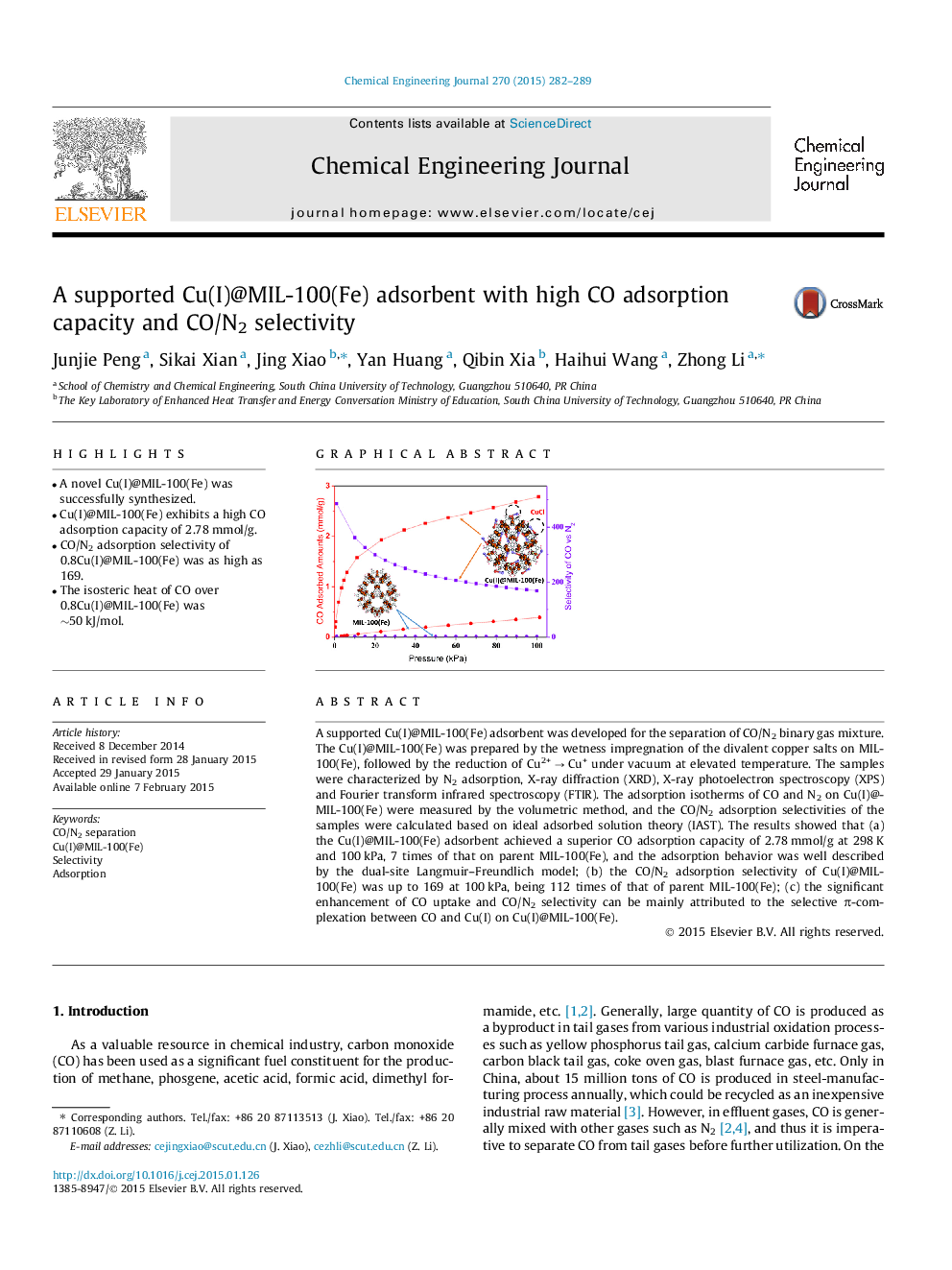 عکس صفحه اول مقاله: A supported Cu(I)@MIL-100(Fe) adsorbent with high CO adsorption capacity and CO/N2 selectivity A supported Cu(I)@MIL-100(Fe) adsorbent with high CO adsorption capacity and CO/N2 selectivity