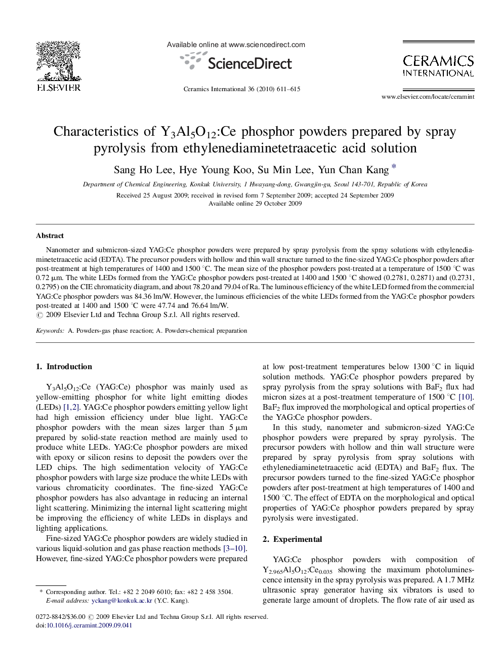 عکس صفحه اول مقاله: Characteristics of Y3Al5O12:Ce phosphor powders prepared by spray pyrolysis from ethylenediaminetetraacetic acid solution Characteristics of Y3Al5O12:Ce phosphor powders prepared by spray pyrolysis from ethylenediaminetetraacetic acid solution