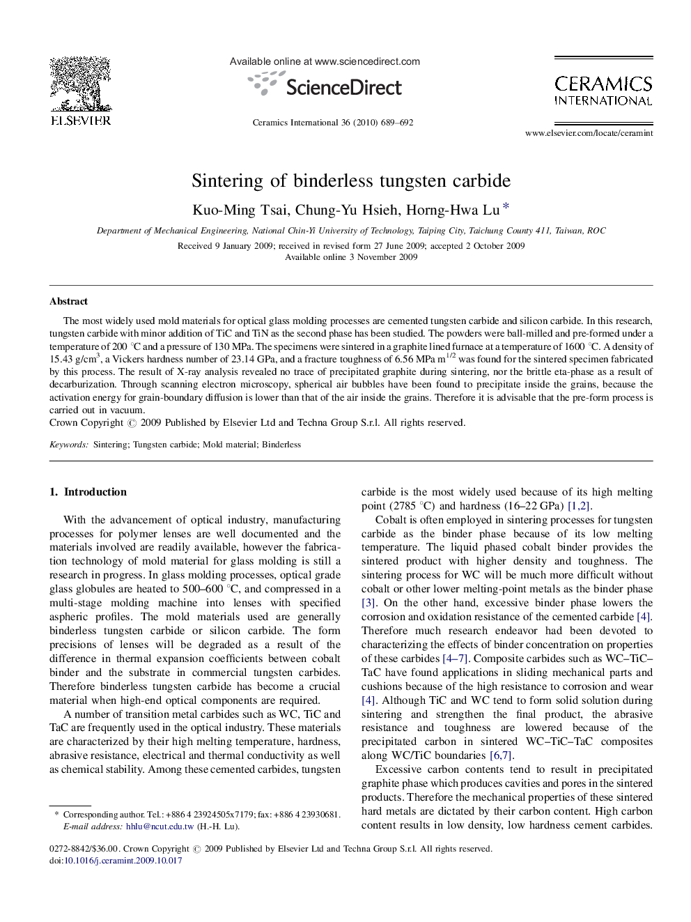 Sintering of binderless tungsten carbide