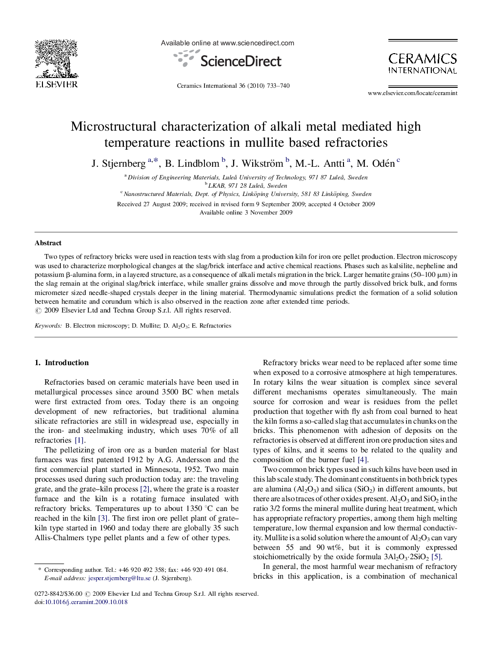 Microstructural characterization of alkali metal mediated high temperature reactions in mullite based refractories