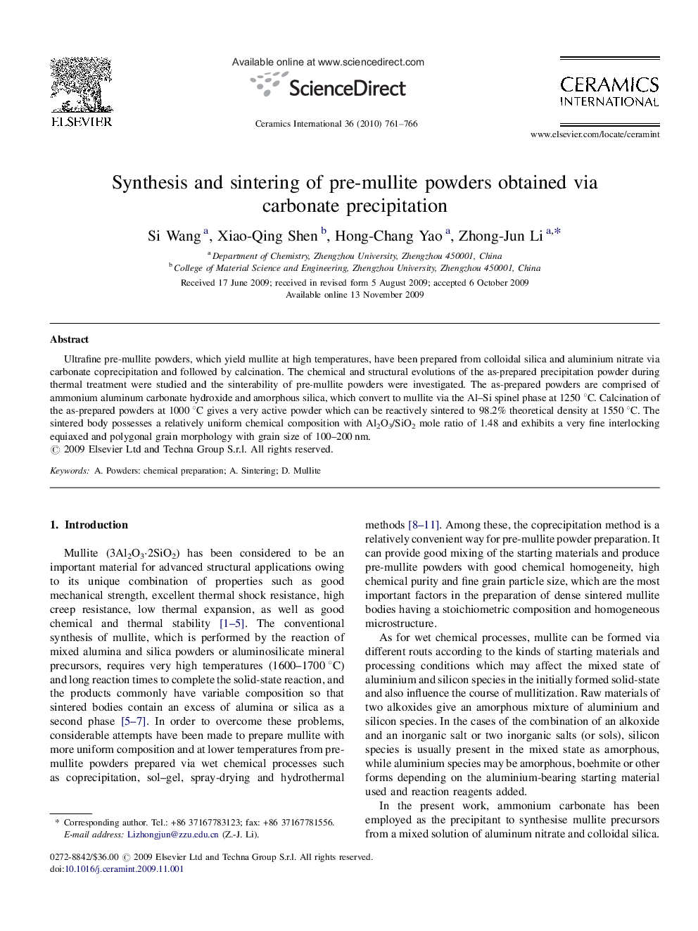 Synthesis and sintering of pre-mullite powders obtained via carbonate precipitation