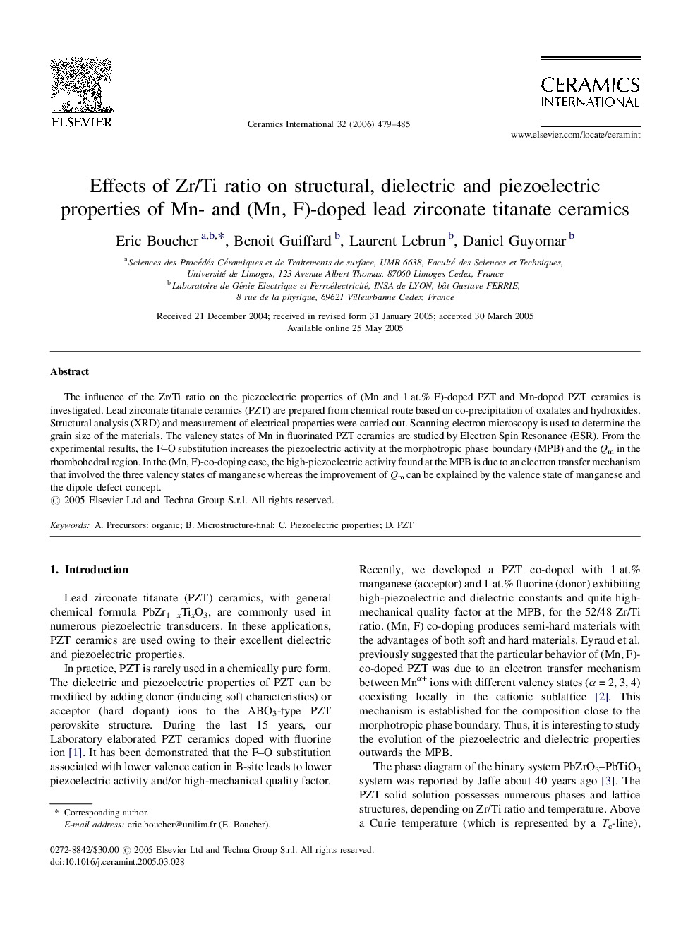 Effects of Zr/Ti ratio on structural, dielectric and piezoelectric properties of Mn- and (Mn, F)-doped lead zirconate titanate ceramics