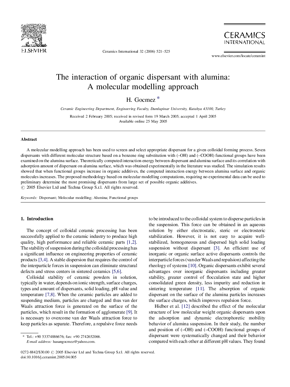 The interaction of organic dispersant with alumina: A molecular modelling approach