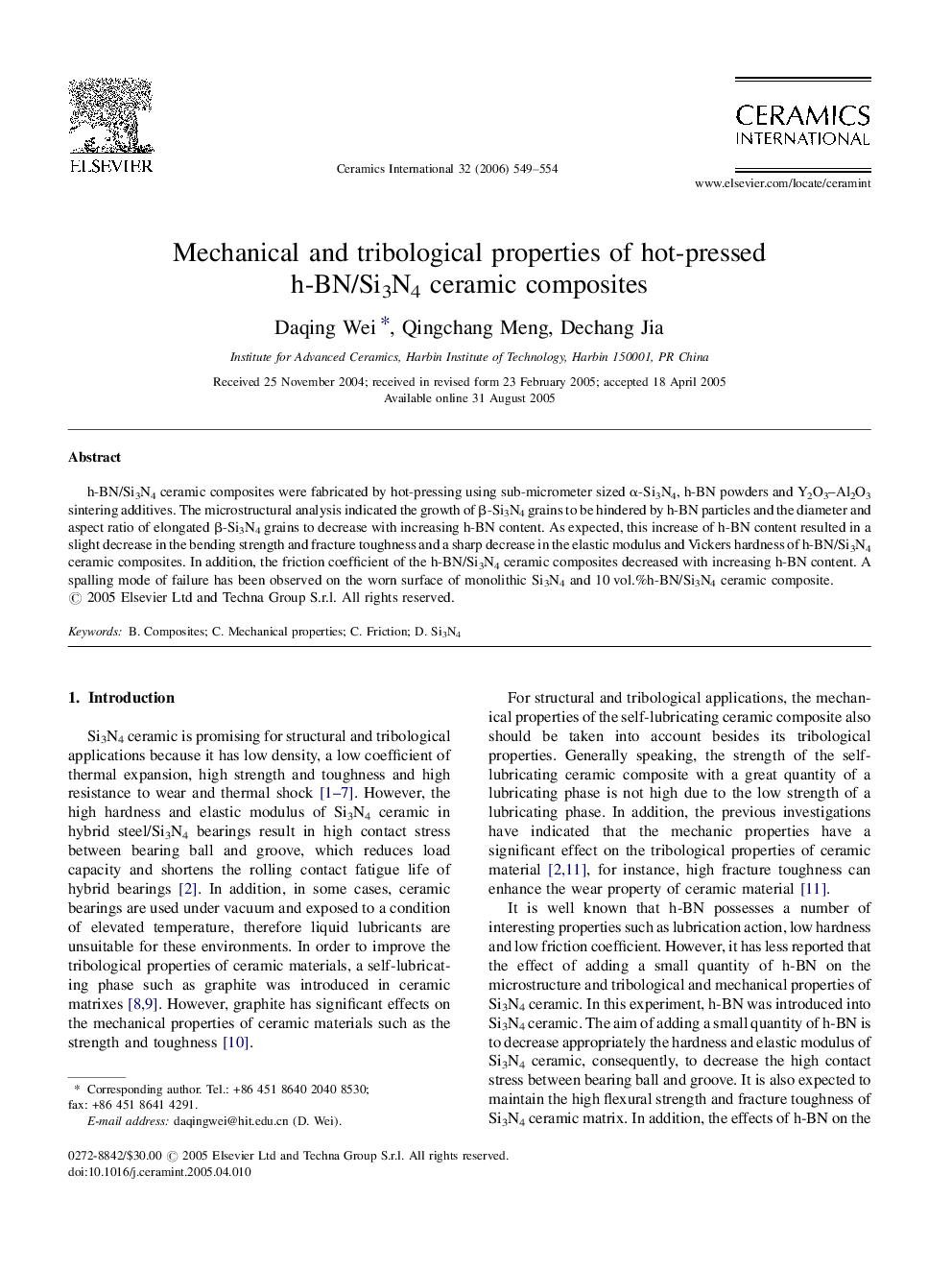 Mechanical and tribological properties of hot-pressed h-BN/Si3N4 ceramic composites