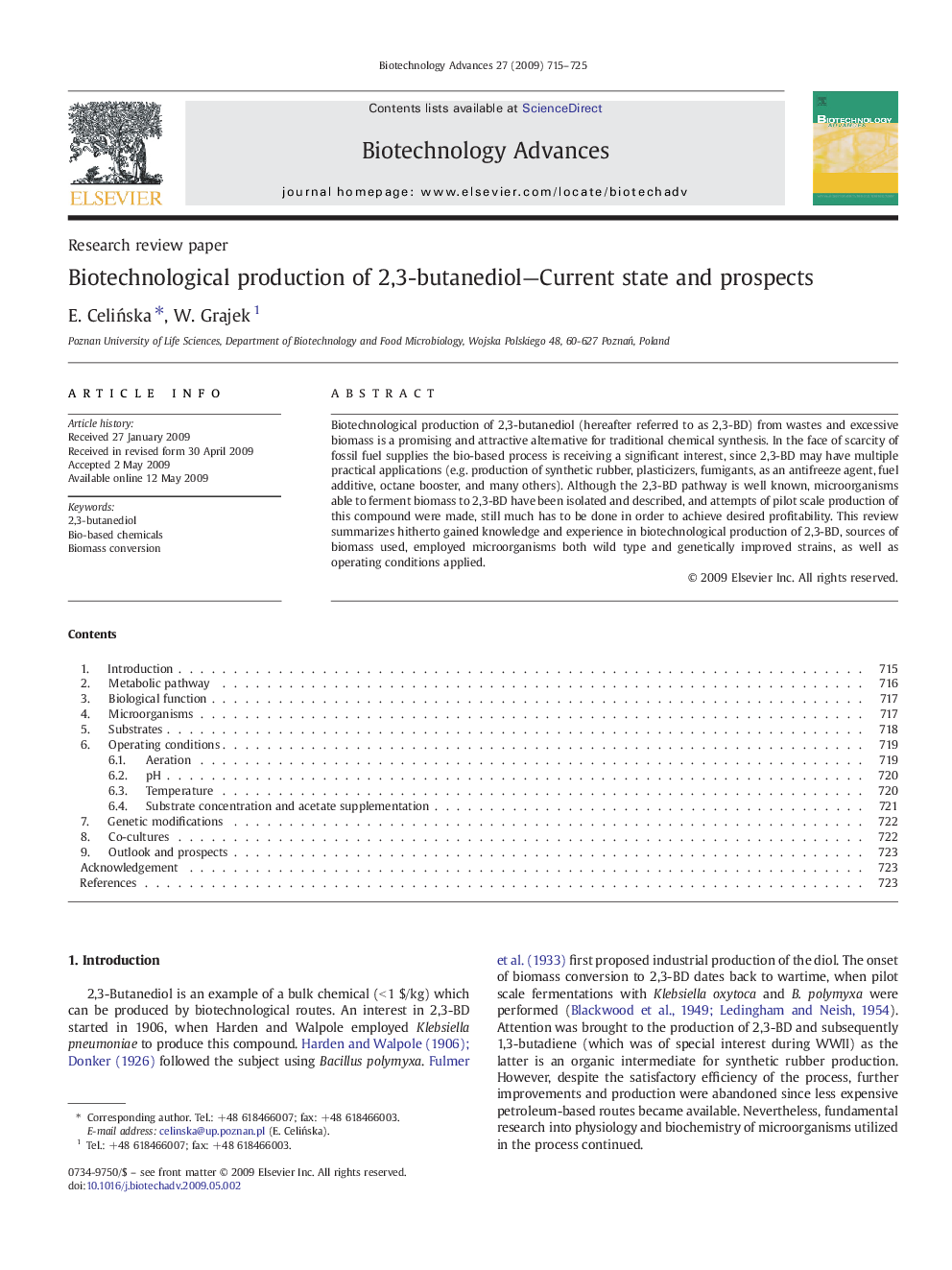 Biotechnological production of 2,3-butanediol—Current state and prospects