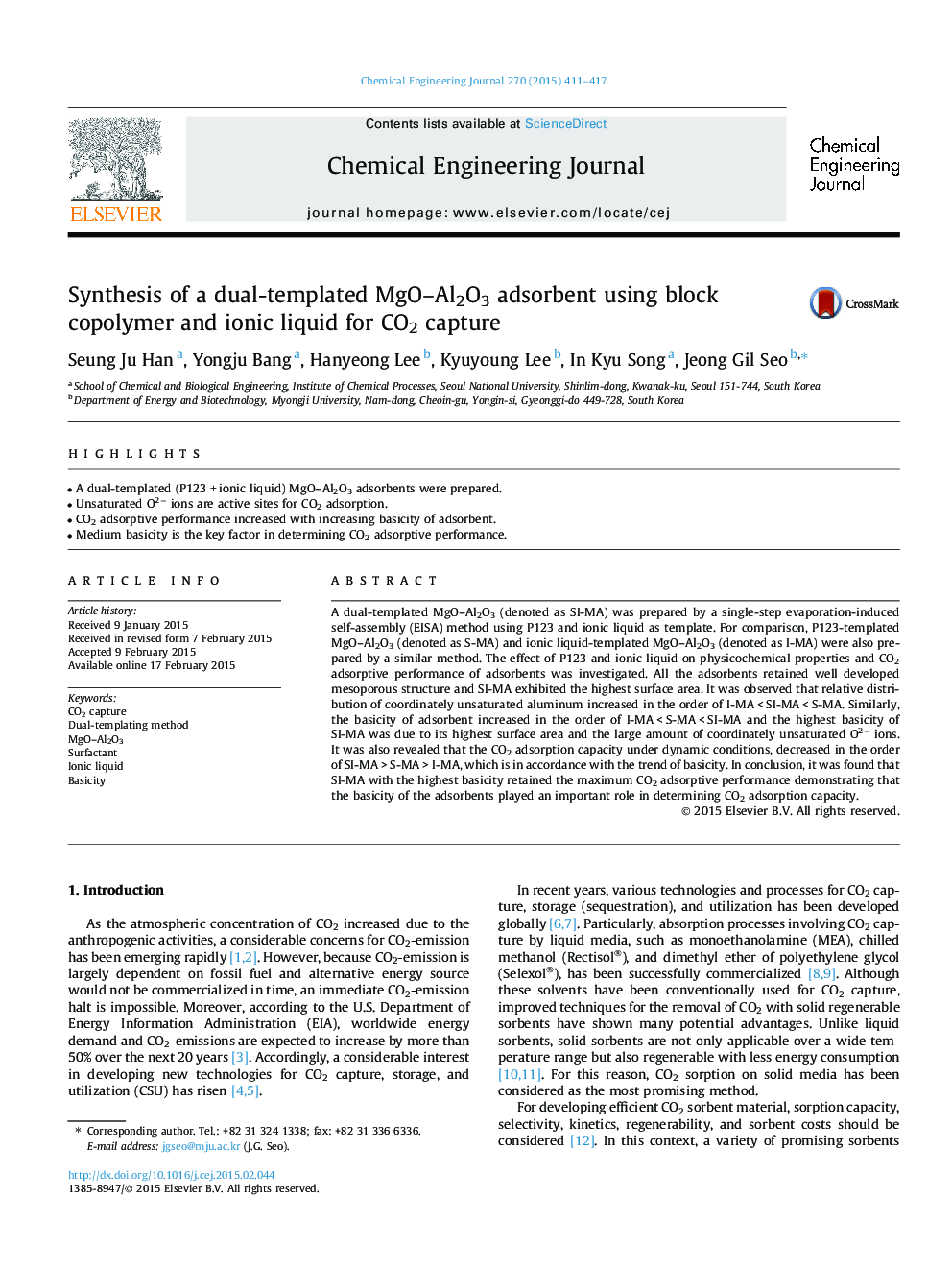 Synthesis of a dual-templated MgO–Al2O3 adsorbent using block copolymer and ionic liquid for CO2 capture