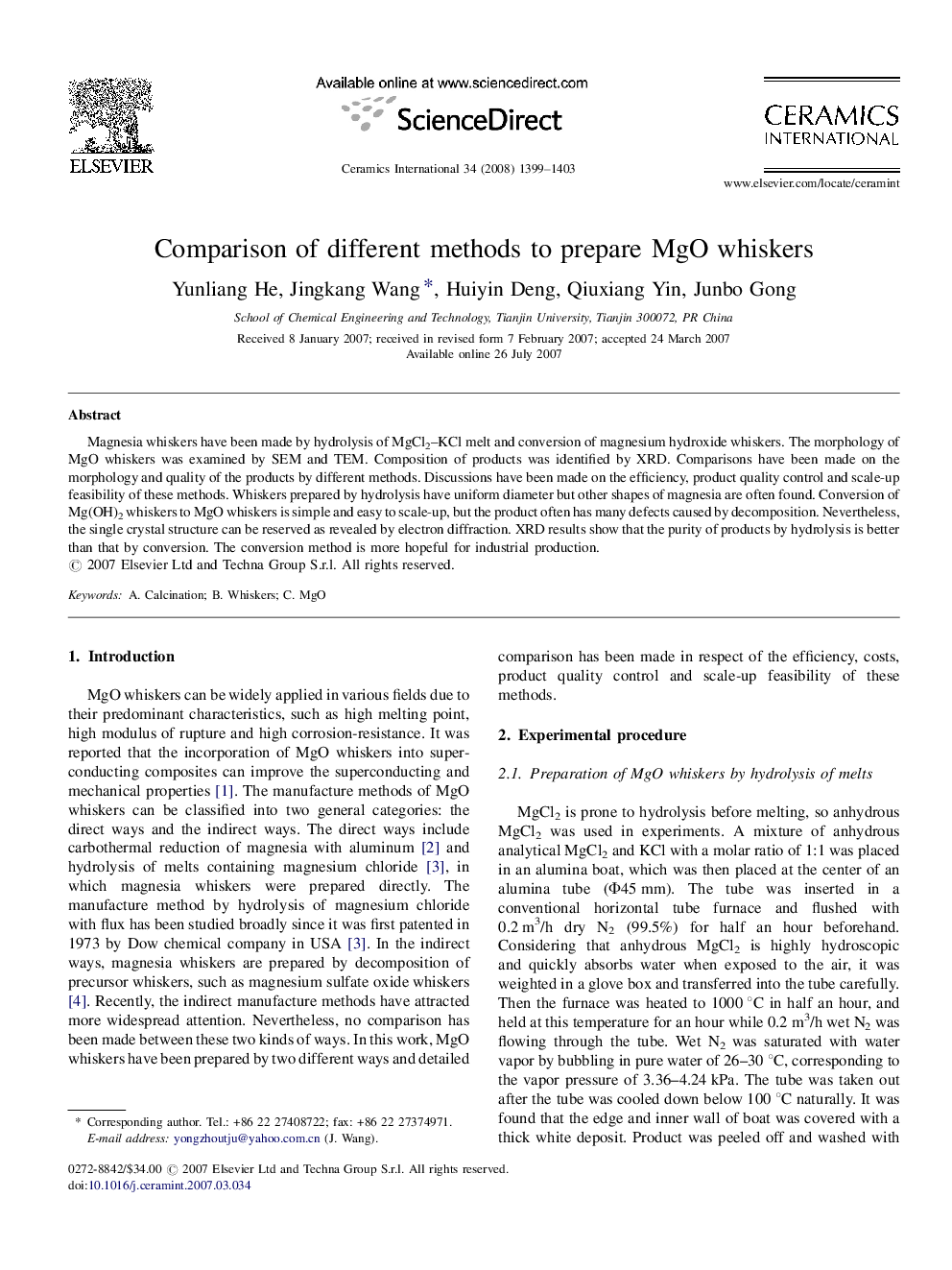 Comparison of different methods to prepare MgO whiskers